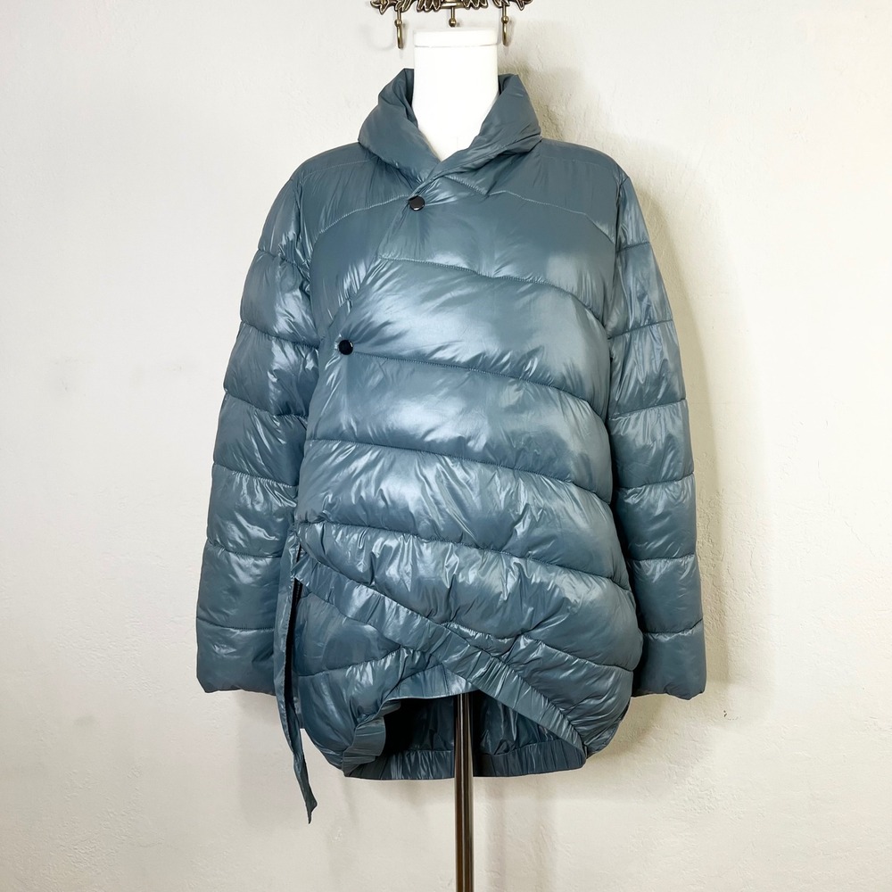 Universal Standard Wrap Tie Puffer Coat Quilted Asymmetrical Blue 4XS = XS